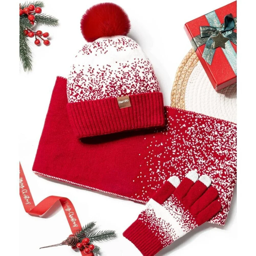Women's Black White Winter Beanie Hat Scarf Gloves Set Pom Warm Christmas Gift